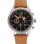 Bell and Ross BR126 Flyback Black Dial Silver Case Gold Numerals Brown Suede Leather Strap