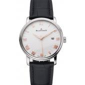 Blancpain Villeret Ultra Slim White Groved Dial Gold Numerals Stainless Steel Case Black Leather Strap