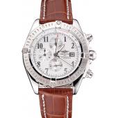 Breitling Chronomat 13 Stainless Steel Case White Dial Arabic Numerals Brown Leather Bracelet 622238