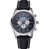 Breitling Transocean Chronograph Unitime Black Dial Stainless Steel Case Black Leather Bracelet 622242