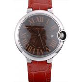 Cartier Ballon Bleu 42mm Brown Dial Stainless Steel Case Red Leather Bracelet Replica