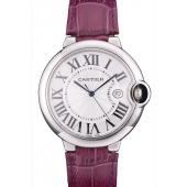 Cartier Ballon Bleu 42mm White Dial Stainless Steel Case Purple Leather Bracelet