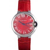 Cartier Ballon Bleu Silver Bezel with Red Dial and Red Leather Band   621556