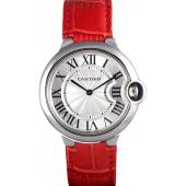 Cartier Ballon Bleu Silver Bezel with White Dial Red Leather Band  621551