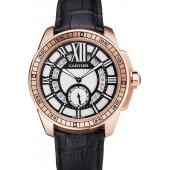 Replica Cartier Calibre De Cartier Small Seconds Black And White Dial Rose Gold Case Black Leather Strap