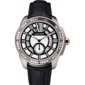 Cartier Calibre De Cartier Small Seconds Black And White Dial Stainless Steel Case Black Leather Strap