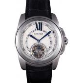 Cartier Calibre Flying Tourbillon White Dial Stainless Steel Case Black Leather Bracelet