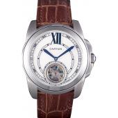 Cartier Calibre Flying Tourbillon White Dial Stainless Steel Case Brown Leather Bracelet