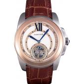 Cartier Calibre Flying Tourbillon White Dial Two Tone Case Brown Leather Bracelet