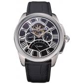 Replica Cartier Calibre Tourbillon Black Dial Stainless Steel Case Black Leather Strap  622752