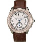 Cartier Calibre White Dial Diamonds Two Tone Case Brown Leather Bracelet