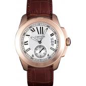 Cartier Calibre White Dial Gold Case Brown Leather Bracelet Replica