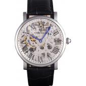 Cartier  Skeleton Watch with Silver Bezel and Black Leather Band  621559 Replica