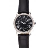 Cartier Ronde Black Dial Diamond Bezel Stainless Steel Case Black Leather Strap