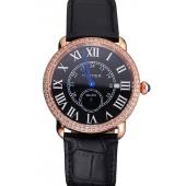 Cartier Ronde Louis Cartier Black Dial Gold Case Diamond Bezel Black Leather Strap