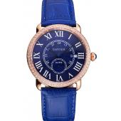 Cartier Ronde Louis Cartier Blue Dial Gold Case Diamond Bezel Blue Leather Strap Replica