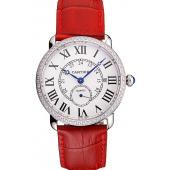 Cartier Ronde Louis Cartier White Dial Stainless Steel Case Diamond Bezel Red Leather Strap Replica