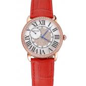 Cartier Ronde Louis Gold Diamond Case White Dial Red Leather Bracelet 1454005