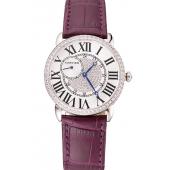 Cartier Ronde Louis Silver Diamond Case White Dial Purple Leather Bracelet 1454009