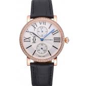 Replica Cartier Ronde Second Time Zone White Dial Gold Case With Diamonds Black Leather Strap  622809