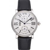 Cartier Ronde Second Time Zone White Dial Stainless Steel Case With Diamonds Black Leather Strap  622804