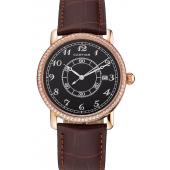 Replica Cartier Ronde Solo Black Dial Diamond Bezel Rose Gold Case Brown Leather Strap