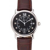 Cheap Cartier Ronde Solo Black Dial Diamond Hour Marks Stainless Steel Case Brown Leather Strap