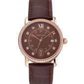 Cheap Cartier Ronde Solo Brown Dial Diamond Hour Marks And Bezel Rose Gold Case Brown Leather Strap