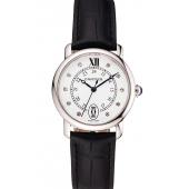 Cartier Ronde White Dial Diamond Hour Marks Stainless Steel Case Black Leather Strap