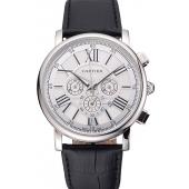 Cartier Rotonde Chronograph White Dial Stainless Steel Case Black Leather Strap