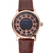 Cartier Rotonde Date Black Dial Rose Gold Case Brown Leather Strap