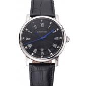 Cartier Rotonde Date Black Dial Stainless Steel Case Black Leather Strap