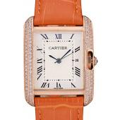 Cartier Tank Anglaise 30mm White Dial Diamonds Gold Case Orange Leather Bracelet