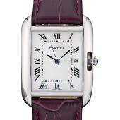 Cartier Tank Anglaise 30mm White Dial Stainless Steel Case Purple Leather Bracelet