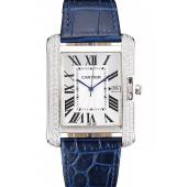 Cartier Tank Anglaise 36mm White Dial Diamonds Steel Case Blue Leather Bracelet