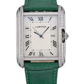 Cartier Tank Anglaise 36mm White Dial Diamonds Steel Case Green Leather Bracelet