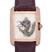 Cartier Tank Anglaise White Dragon Dial Diamonds Gold Case Purple Leather Bracelet