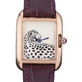 Cartier Tank Anglaise White Tiger Dial Gold Case Purple Leather Bracelet Replica