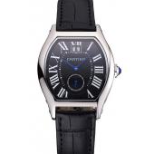 Cartier Tortue Large Date Black Dial Stainless Steel Case Black Leather Strap