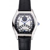 Cartier Tortue Perpetual Calendar White Dial Stainless Steel Case Black Leather Strap Replica