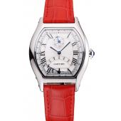 Replica Cartier Tortue Perpetual Calendar White Dial Stainless Steel Case Red Leather Strap