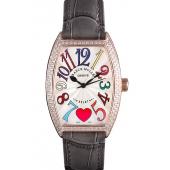 Franck Muller Heart Diamond Gold Bezel Grey Leather Band  621591