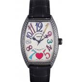 Cheap Franck Muller Heart Diamond Silver Bezel Black Leather Band  621595