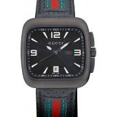 Cheap Gucci Black Leather Strap Black Ceramic Bezel Black Dial 80220