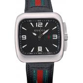 Replica Gucci Black Leather Strap Polished Stainless Steel Bezel Black Dial 80216