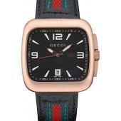 Gucci Black Leather Strap Rose Gold Bezel Black Dial 80222