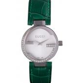 Gucci Interlocking Silver Bezel with Diamonds and Green Leather Band  621515