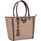 Gucci Large Logo Printed Canvas Brown Leather Trim Shopper Tote