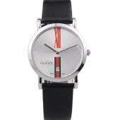 Gucci Large Polished Stainless Steel Bezel White Dial Black Leather Strap Replica