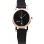 Gucci Polished Rose Gold Bezel Black Dial Black Leather Strap